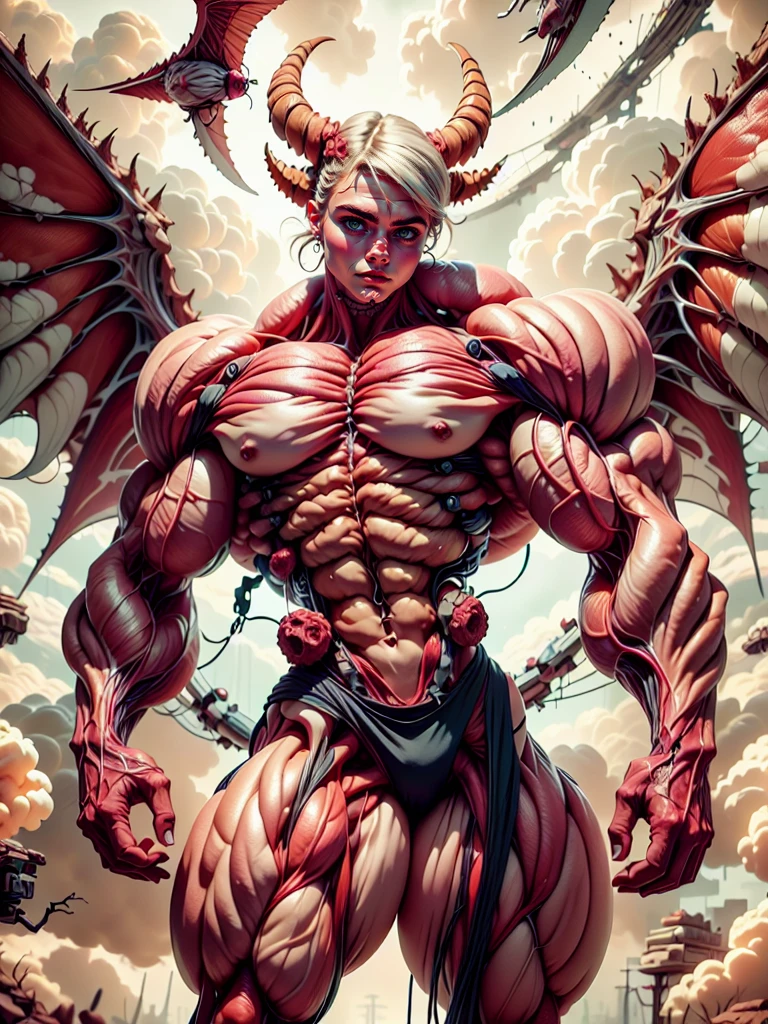 Character description: (1 girl), (cara delevingne:1.25), (beautiful girl face:1.25), (muscular succubus demoness), (carnage skinless physique:1.25), (huge gigantic wings & horns:1.25), (undead skinless succubus:1.25), (covered in red necrotic rotting skinless muscle:1.25), (exposed muscular anatomy:1.25), (large demonic claws:1.25). Character pose: Standing with legs closed, Arms spread apart, Wings spread out, (Whole body pose), Front View. Character expression: psychotic laughter, sharp teeth, beautiful cute girl face, red eyes, scary and horrific. Scene description: anatomic tech world morph, hellish landscape, Hellraiser like atmosphere. Scene Quality: (8k, RAW photo, photorealistic:1.25).