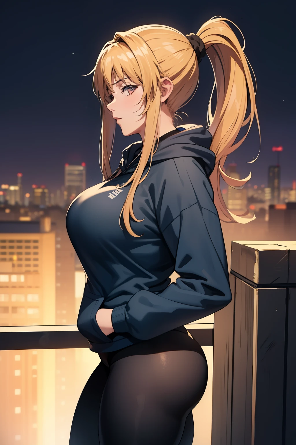 masterpiece, best quality, Kaori Saeki, ponytail, hair tie, blue hoodie, tight black yoga pants, athletic curves, tight ass, large breasts, huge breasts, looking at viewer, city background, cowboy shot