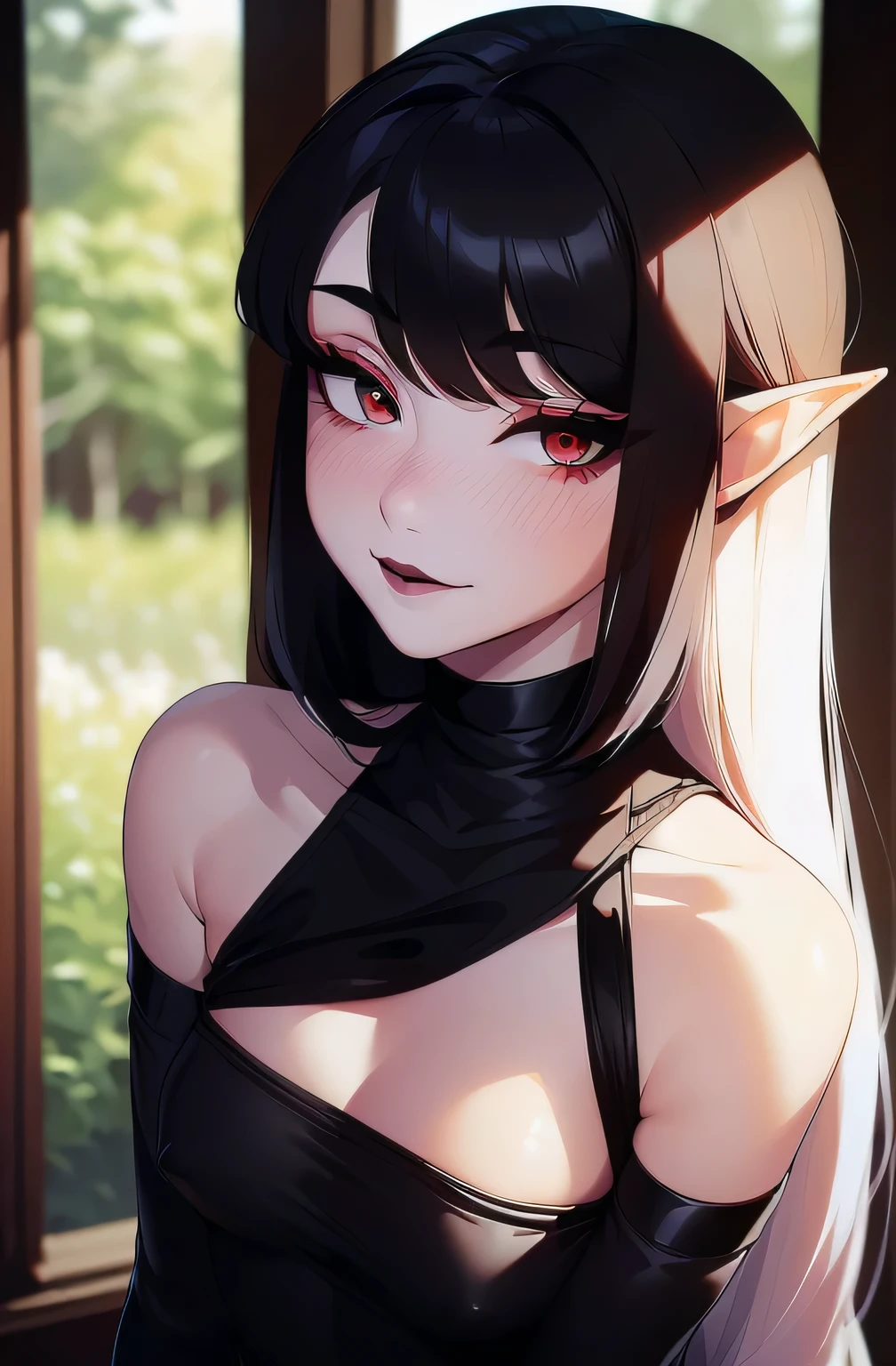 8k, masterpiece, highest quality, best quality, official art, beautiful and aesthetic, extremely detailed, (fractal art: 1.3), colorful, highest detailed, perfect face, upper body, HDR, sexy, wide hips, thicc figure, Detailed face, Detailed eyes, red eyes, perfect face, perfect eyes, ( 1elf, 1 female elf, 1girl, trans, futa, futanari, big ass, slim waist, pretty face, long white hair, sharp jawline, he is sexy, she is beautiful, she has black eyeliner, he has makeup, she has a girly face, she is tanned, she has big , she is blushing, she wears blush, hips wider than shoulders, slim torso, black lipstic, e-girl makeup, blushing, pretty, sharp jawline, red eyes, cute, thigh high socks, goth clothes, black skirt, black crop top, black lipstick, black eyeliner, cute smile, Goth, goth priestess, RAVEN, goth makeup, goth clothes, white hair, wolf cut, bulge, bulge in underwear, genitalia outline, penis bulge, bug julge in pants