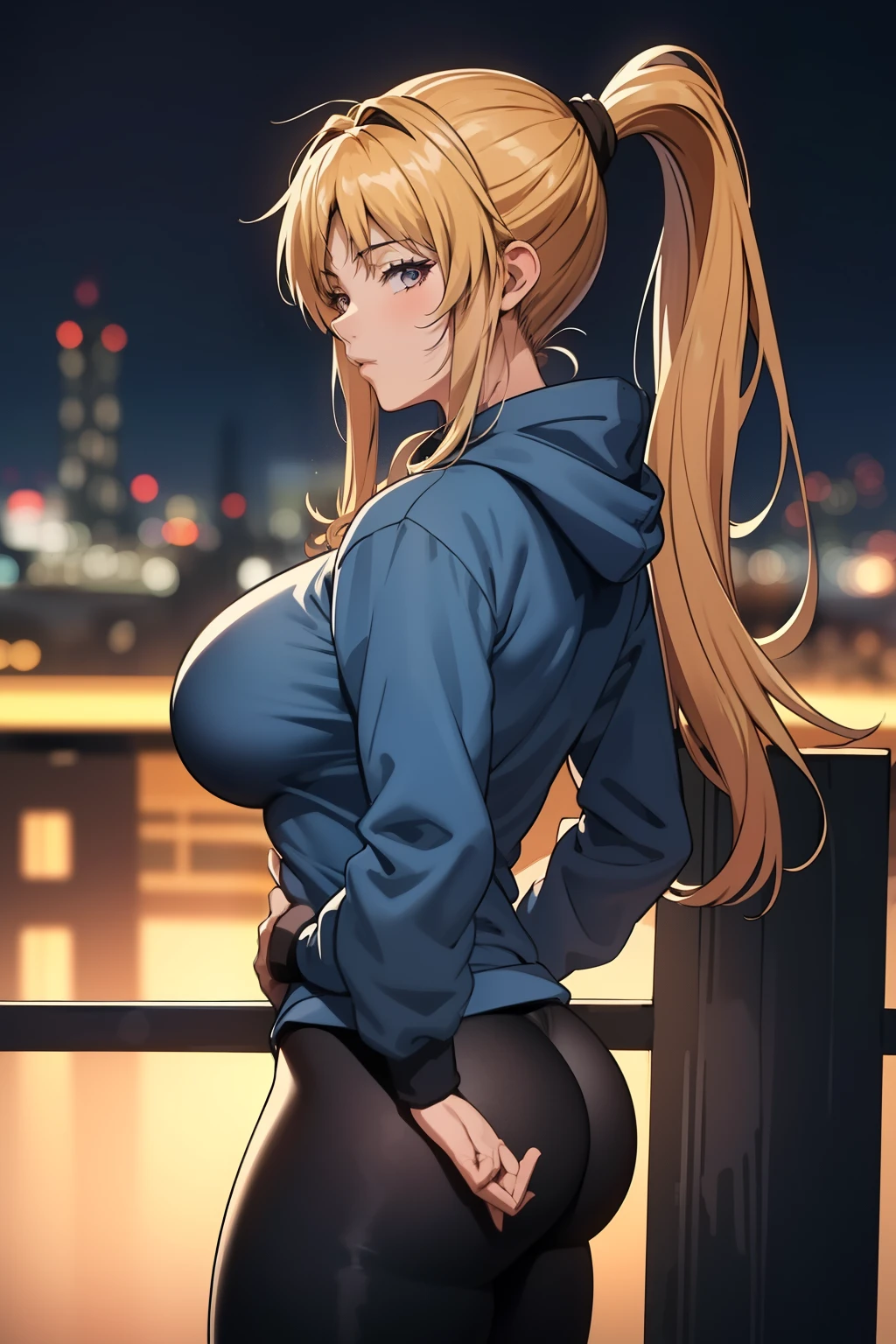 masterpiece, best quality, Kaori Saeki, ponytail, hair tie, blue hoodie, tight black yoga pants, athletic curves, tight ass, large breasts, huge breasts, looking at viewer, city background, cowboy shot