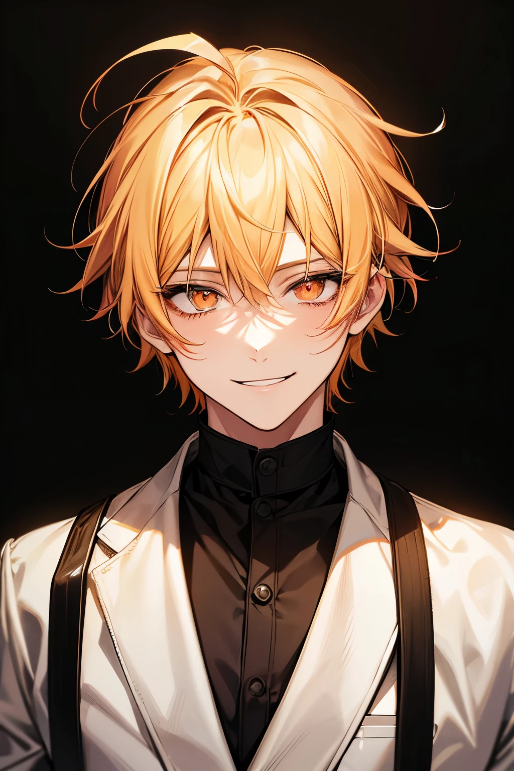 Masterpiece, solo, 1 male, neon, medium hair, blond hair, orange eyes, smile facial