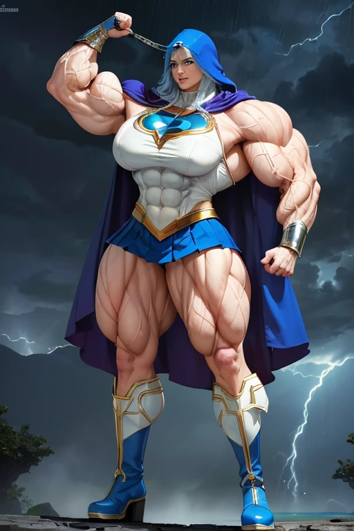 ((((Massive, tall, beautiful, buff, pale white skinned muscular woman with royal blue hair, ginormous bulky muscles and wearing a royal blue Shazamsuit with pleated skirt and a hooded cape)))), close view, ((massive muscle)), massive biceps, hyper muscle shoulders, massive muscle arms, vascular shoulders, hyper muscle triceps, (long curly wavy hair), white eyes, superhero gauntlets, choker, ((in a thunderstorm island)), superhero boots, confidant smile, night, hyper vascular arms, hyper muscles arms, hyper muscle legassive arms),
