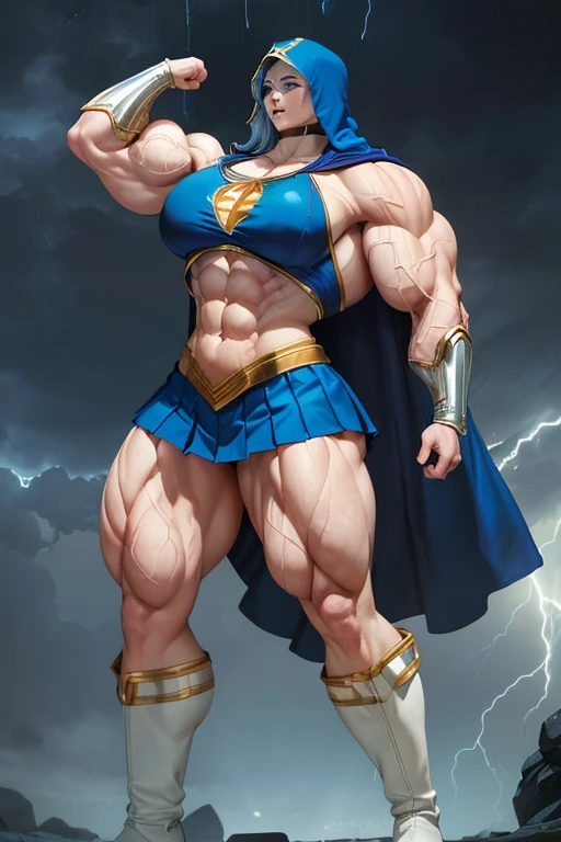 ((((Massive, tall, beautiful, buff, brown skinned muscular woman with white hair, ginormous bulky muscles, holding lightning and wearing a all white Shazamsuit with pleated skirt and a hooded cape)))), close view, (((massive muscle))), massive biceps, hyper muscle shoulders, massive muscle arms, vascular shoulders, hyper muscle triceps, (long straight hair), blue eyes, superhero gauntlets, choker, ((in a thunderstorm island)), superhero boots, confidant smile, night, hyper vascular arms, hyper muscles arms, hyper muscle legassive arms),