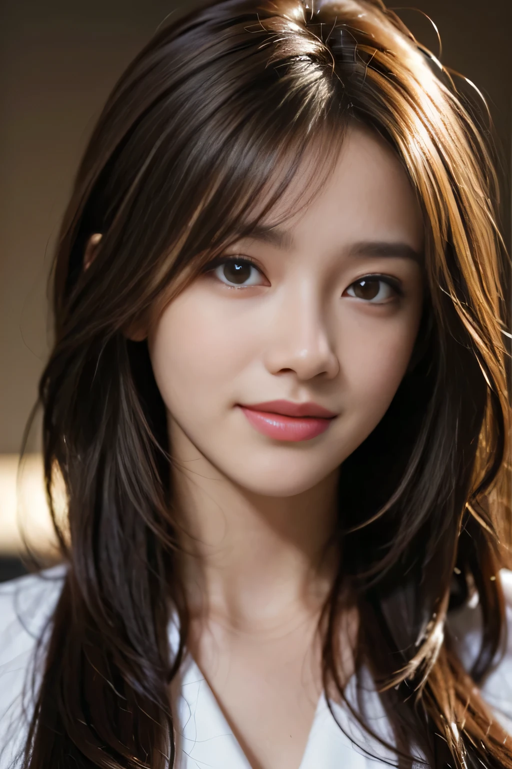 table top, highest quality, realistic, Super detailed, finely, High resolution, 8k wallpaper, 1 beautiful woman,, light brown messy hair, wearing a business suit, sharp focus, perfect dynamic composition, finely beautiful eyes, thin hair, Detailed and realistic skin texture, smile, close-up portrait, model body shape