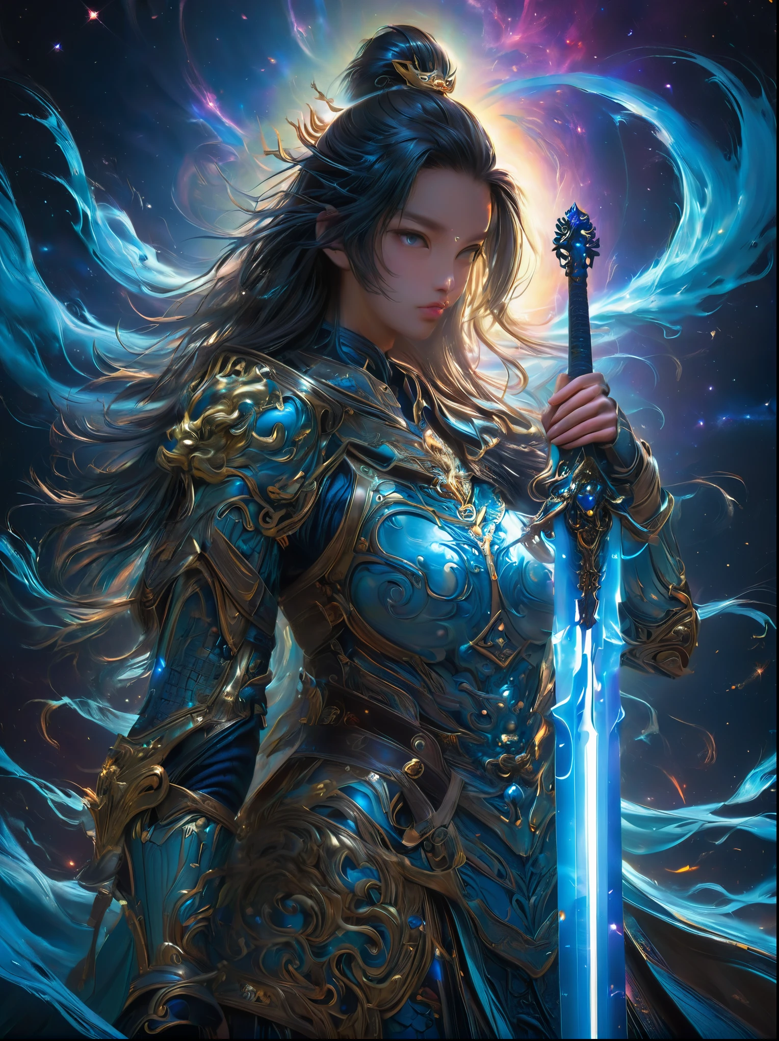masterpiece,Realistic,Deep color,blue tint,Surrealism, Star光环, In the bright embrace of the moonlight serenade,(Chinese armor),gentle beautiful girl,(The girl holds a sword in her hand),Women's Armor,solo,pauldron,helmet,Chinese city background,blue sky,detailed眼睛,looking at the audience,Smile,Upper body,masterpiece,best quality,perfect eyes,perfect face,perfect lighting, 8K,Compared,Tone,texture, detailed, Star, Colorful halo, Vibrant energy, expressive, dramatic, organic lines and forms, dreamy and mysterious, Surrealism,portrait shooting,complex,meticulous,sharp,clear,Better image quality,Rough brushstrokes,high dynamic range,vivid,Rich in details,阴影和高光clear,reality,vehement,Compared度增强,Rich in details,Chinese_armor,anatomically correct, textured skin