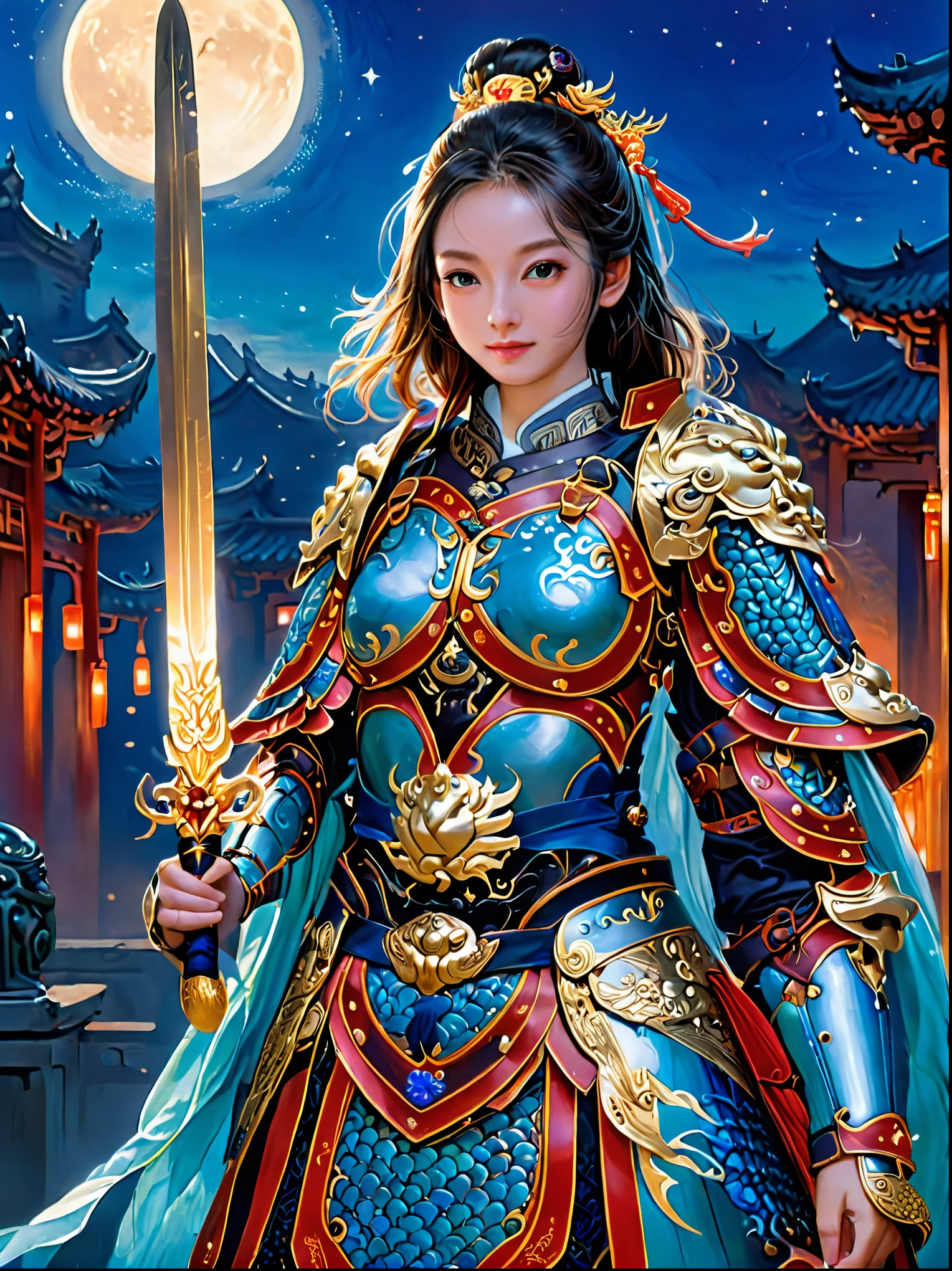 masterpiece,Realistic,Deep color,blue tint,Surrealism, Star光环, In the bright embrace of the moonlight serenade,(Chinese armor),gentle beautiful girl,(The girl holds a sword in her hand),Women's Armor,solo,pauldron,helmet,Chinese city background,blue sky,detailed眼睛,looking at the audience,Smile,Upper body,masterpiece,best quality,perfect eyes,perfect face,perfect lighting, 8K,Compared,Tone,texture, detailed, Star, Colorful halo, Vibrant energy, expressive, dramatic, organic lines and forms, dreamy and mysterious, Surrealism,portrait shooting,complex,meticulous,sharp,clear,Better image quality,Rough brushstrokes,high dynamic range,vivid,Rich in details,阴影和高光clear,reality,vehement,Compared度增强,Rich in details,Chinese_armor,anatomically correct, textured skin