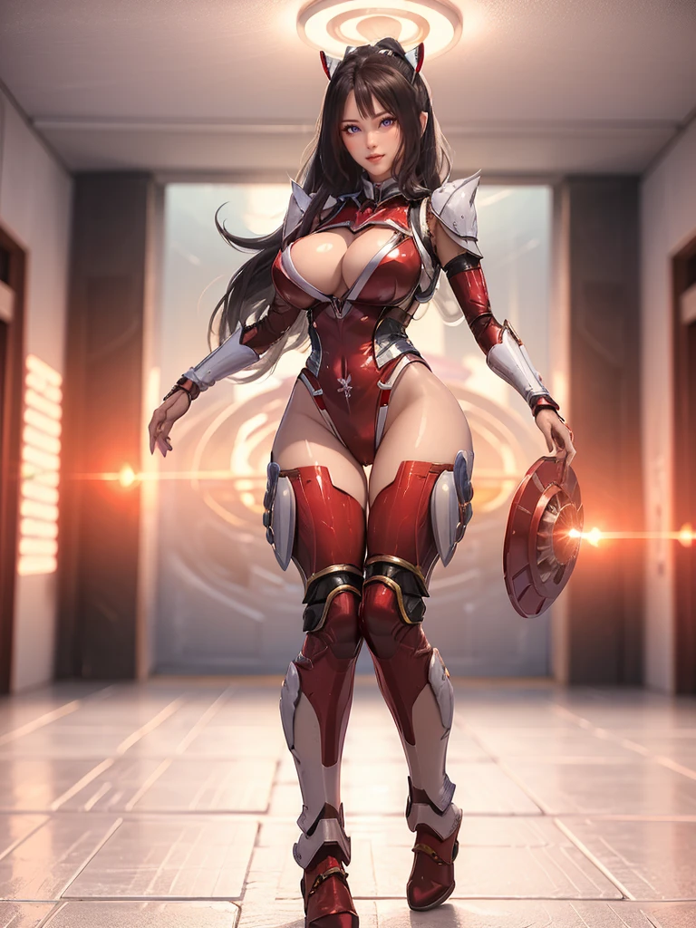 Tyran_Thai Lan, (1GIRL, ALONE, SOLO), (super detailed face), (half face mecha helm:1), (BIG BUTTOCKS, HUGE FAKE BREAST:1.3), (CLEAVAGE:1.5), (MUSCLE ABS:1.3), (MECHA GUARD ARMS, DIAMOND CORE IN CHEST ARMOR:1.3), (RED SHINY FUTURISTIC MECHA ARMORED, MECHA SKINTIGHT SUIT PANTS, MECHA GUARD ARMOR LEGS, HIGH HEELS:1.5), (MUSCULAR FEMALE BODY, GLOWING SKIN, SEXY LONG LEGS:1.1), (LOOKING AT VIEWER:1.3), (female focus:0.886), (WALKING DOWN HALLWAY OF FUTURISTIC SPACE STATION:1), (BRIGHT LIGHT WHITE_ROOM:1.3), HYPER TEXTURE, UNREAL ENGINE RENDER, PHYSICALLY-BASED RENDERING, ULTRA HIGHT DEFINITION, 16K, 1080P.