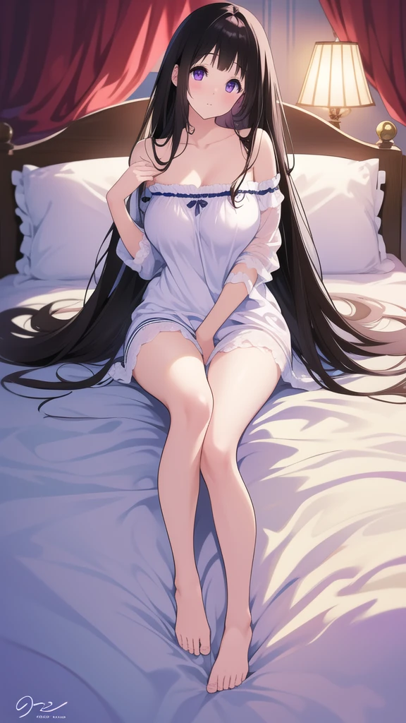 Stunning Chitanda, There is only one beautiful girl,purple eyes, black hair, Naturally straight hair, straight bangs,extremely refined,lips open,flowing long hair,Peerless beautiful girl, dreamlike,Slim,soft, (Sensual), (kawaii), Dream quality,pajamas,on the bed,sitting,Hold the pillow,Big breasts,bare shoulders,Clavicle exposed,bare neck,Bare thighs,Exposing the groin,camel toe,bare legs,barefoot,extremely shy,ultra high resolution, (masterpiece:1.2, best quality), (Exquisite and beautiful eyes: 1.2), (Beautiful and delicate face)