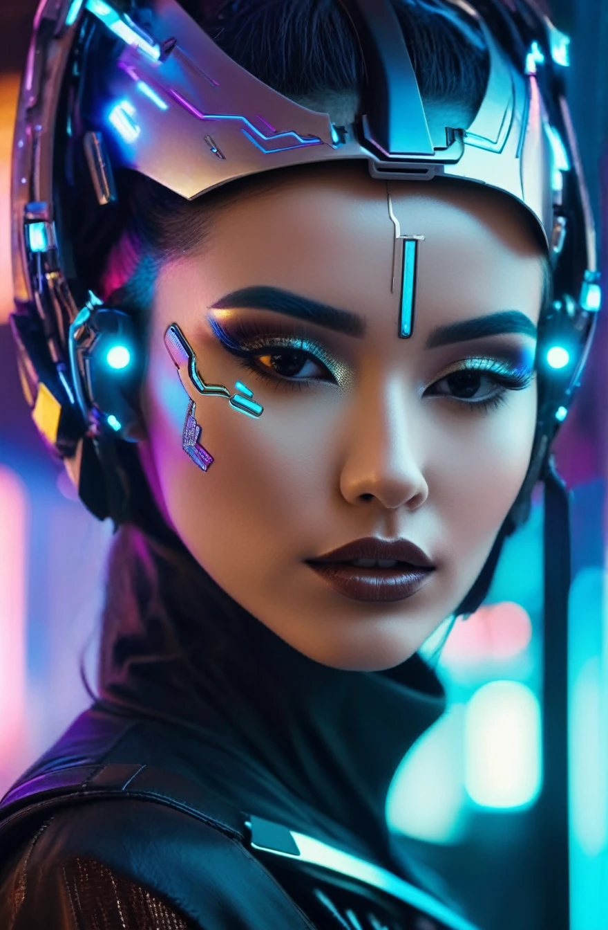 A woman's face with a futuristic headpiece, cyberpunk