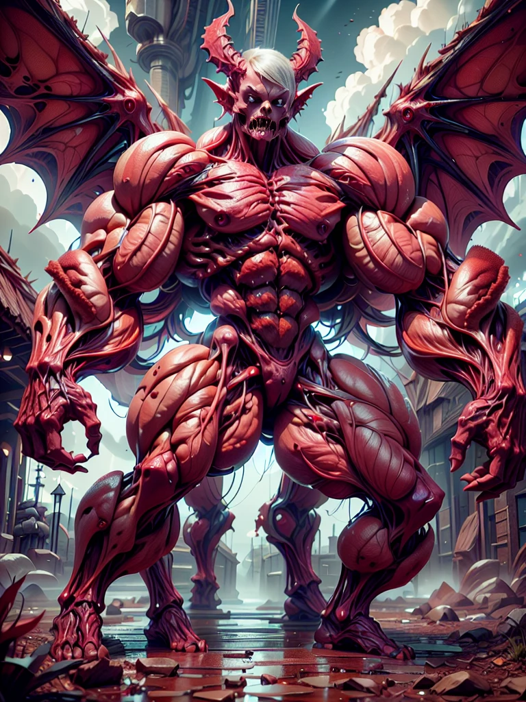 Character description: (1 girl), (cara delevingne:1.25), (beautiful girl face:1.25), (muscular succubus demoness), (carnage skinless physique:1.25), (huge gigantic wings & horns:1.25), (undead skinless succubus:1.25), (covered in red necrotic rotting skinless muscle:1.25), (exposed muscular anatomy:1.25), (large demonic claws:1.25). Character pose: Standing with legs closed, Arms spread apart, Wings spread out, (Whole body pose), Front View. Character expression: psychotic laughter, sharp teeth, beautiful cute girl face, red eyes, scary and horrific. Scene description: anatomic tech world morph, hellish landscape, Hellraiser like atmosphere. Scene Quality: (8k, RAW photo, photorealistic:1.25).
