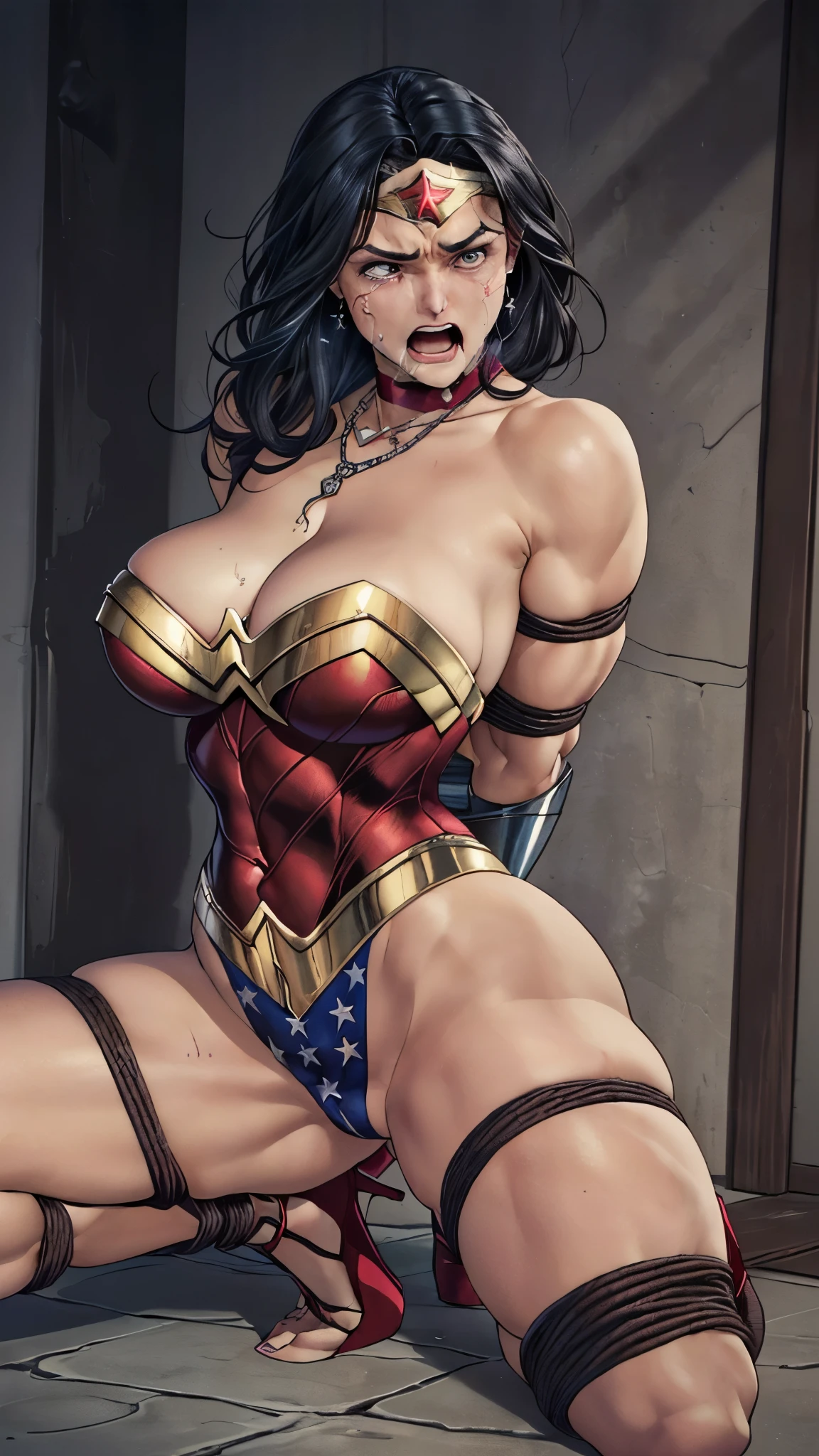 (((Mulher maravilha numa cela de pedras))) (((muito Surrada, muito torturada, muito estuprada,muito humilhada,muito derrotada))),((SUPERHEROINE mulher maravilha IS A FILTHY OLD WHORE)), ((emotional expression,expression of pain and despair, gritando de dor, expression of suffering, olhos arregalados)),(Wonder Woman is standing, on tiptoe), (She's crying a loa tem cabelo preto, ela tem cabelo longo)), ((She wears a thick metal necklace around her neck.)), (Ela esta vestindo roupas imorais, she is wearing indecent clothes), (obra-prima, melhor qualidade) 1.5, 1 garota, sozinho, (sexy, mulher bonita, rosto perfeito, olhos perfeitos), corpo inteiro. ((She is wearing starry lace panties)), tears running down your face)), ((WonderWoman in Strappado bondage ,arms are bound behind their back, then by use of some method of attachment such as a rope or chain that runs from their wrists to a securing point above)), (((emotional expression,expression of pain and despair, gritando de dor, expression of suffering, olhos arregalados, expression of fear, corpo se contorcendo de dor))), ((She is wearing high heels stilettos))
