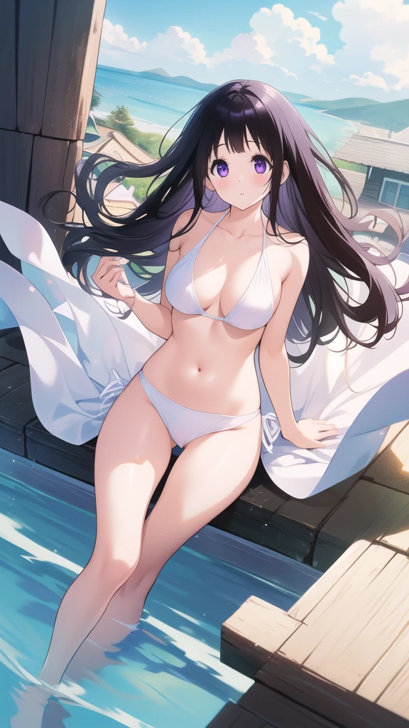 Stunning Chitanda, There is only one beautiful girl,purple eyes, black hair, Naturally straight hair, straight bangs,extremely refined,lips open,flowing long hair,Peerless beautiful girl, dreamlike,Slim,soft, (Sensual), (kawaii), Dream quality,white bikini,on the roof,Strong wind,bare shoulders,Clavicle exposed,bare neck,Bare thighs,Exposing the groin,camel toe,bare legs,barefoot,extremely shy,ultra high resolution, (masterpiece:1.2, best quality), (Exquisite and beautiful eyes: 1.2), (Beautiful and delicate face)