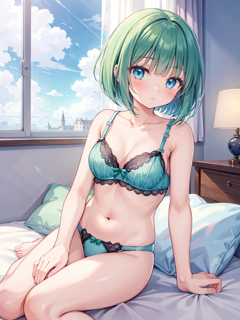 masterpiece, beautiful illustrations, highest quality, pretty girl, 1girl, Bedroom, pastel colour, (two-separated lingerie), cute lingerie, (Spring Green bob cut), bright lighting, sky-blue eyes, presenting, on bed