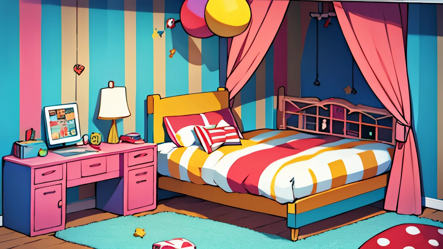 circus, room, bed, pillow, stuffed animal, computer