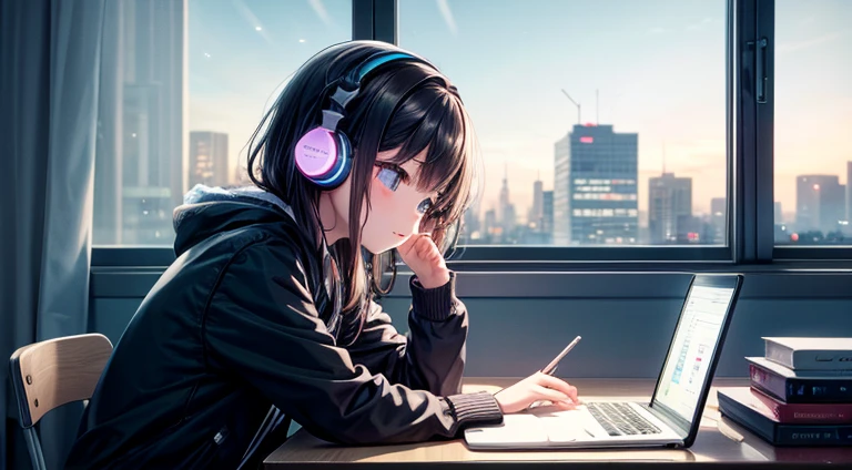 midnight、in the room、Night view outside the window、young girl、wearing headphones、Let&#39;s concentrate and study at our desks.、Notebook on desk、There is only a small light from the desk in the room、Side view