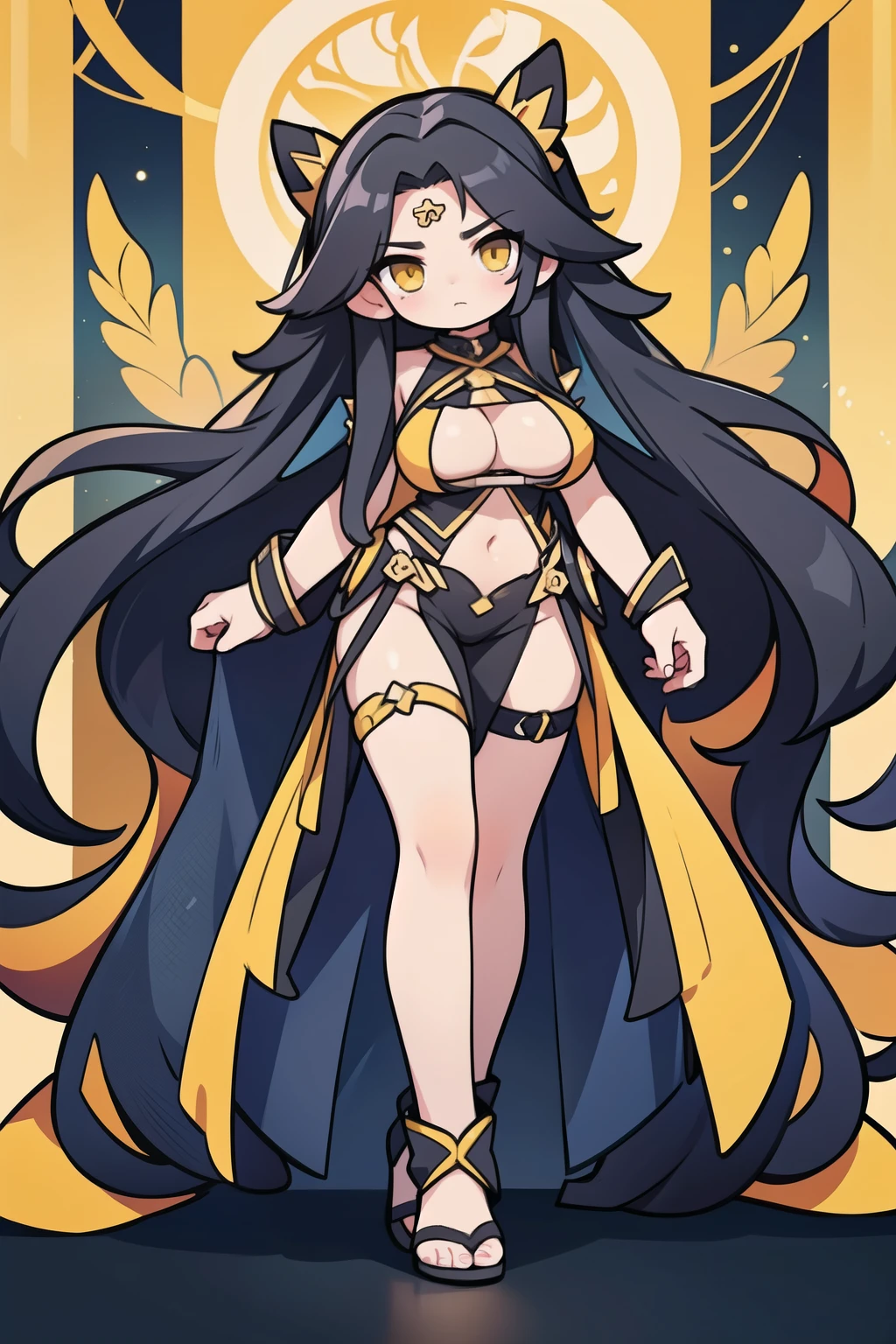 long hair long hair long hair long hair long hair black hair yellow eyes pale skin muscular large breasts girl looking at viewer sad