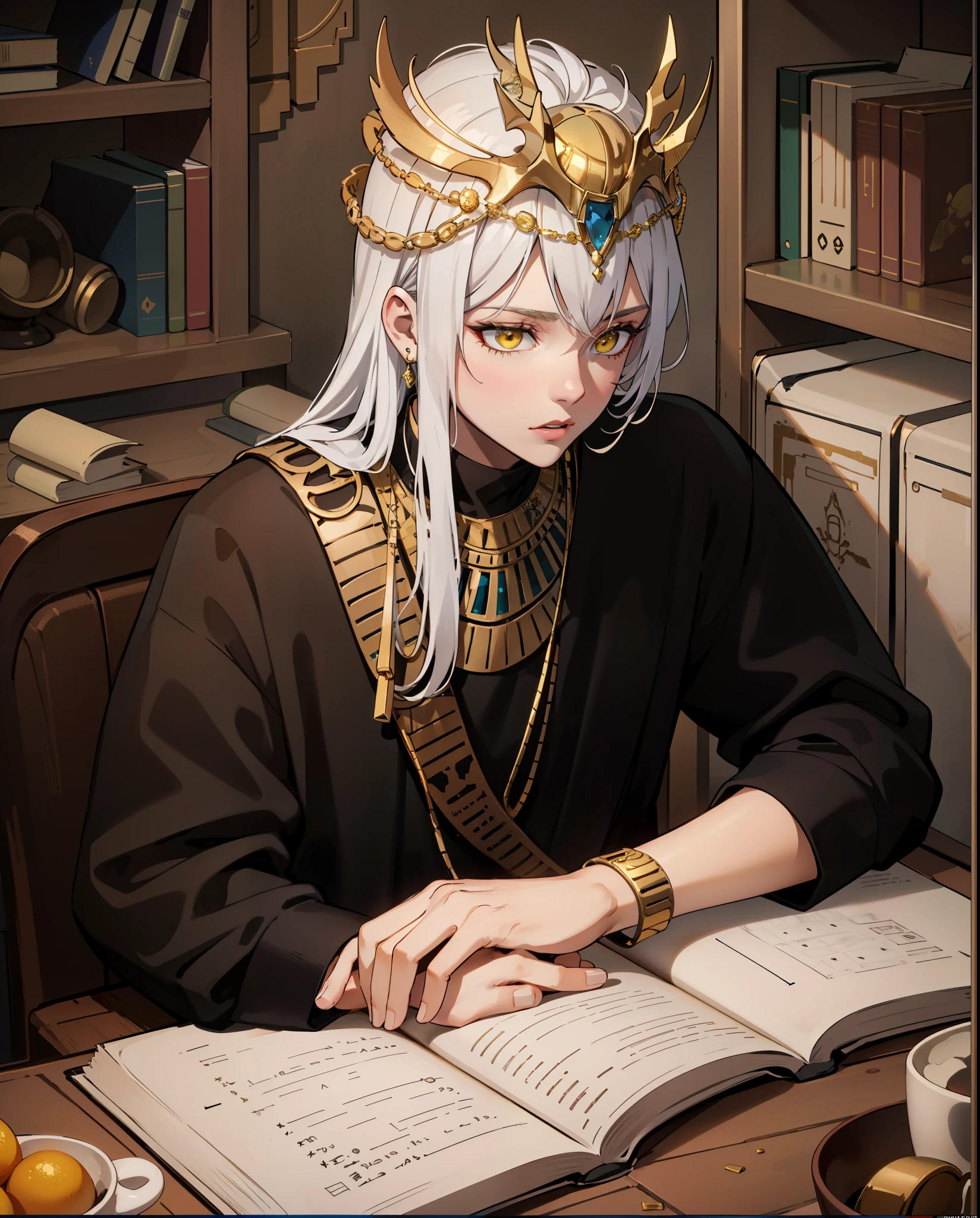 girl talks about what she found in the book very white hair yellow eyes Egyptian tunic yellow and gold berga gold jewelry