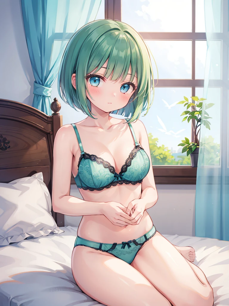 masterpiece, beautiful illustrations, highest quality, pretty girl, 1girl, Bedroom, pastel colour, (two-separated lingerie), cute lingerie, (Spring Green bob cut), bright lighting, sky-blue eyes, presenting, looking at viewer, on bed
