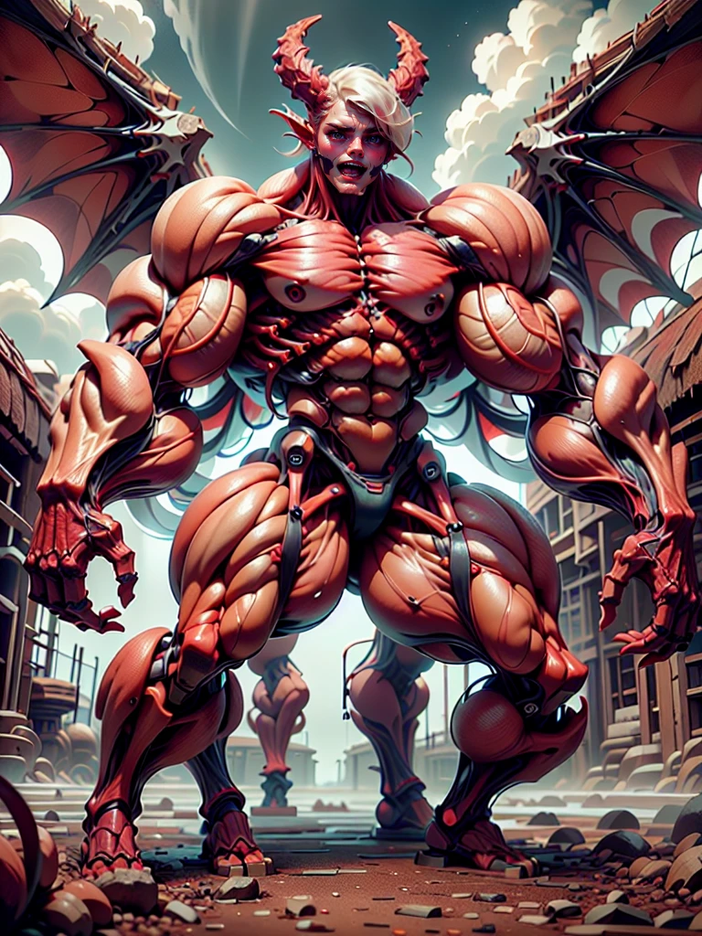 Character description: (1 girl), (cara delevingne:1.25), (beautiful girl face:1.25), (muscular succubus demoness), (carnage skinless physique:1.25), (huge gigantic wings & horns:1.25), (undead skinless succubus:1.25), (covered in red necrotic rotting skinless muscle:1.25), (exposed muscular anatomy:1.25), (large demonic claws:1.25). Character pose: Standing with legs closed, Arms spread apart, Wings spread out, (Whole body pose), Front View. Character expression: psychotic laughter, sharp teeth, beautiful cute girl face, red eyes, scary and horrific. Scene description: anatomic tech world morph, hellish landscape, Hellraiser like atmosphere. Scene Quality: (8k, RAW photo, photorealistic:1.25).