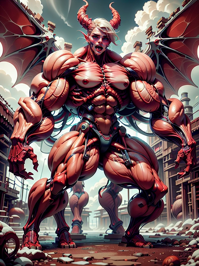 Character description: (1 girl), (cara delevingne:1.25), (beautiful girl face:1.25), (muscular succubus demoness), (carnage skinless physique:1.25), (huge gigantic wings & horns:1.25), (undead skinless succubus:1.25), (covered in red necrotic rotting skinless muscle:1.25), (exposed muscular anatomy:1.25), (large demonic claws:1.25). Character pose: Standing with legs closed, Arms spread apart, Wings spread out, (Whole body pose), Front View. Character expression: tic laughter, sharp teeth, beautiful cute girl face, red eyes, scary and horrific. Scene description: anatomic tech world morph, hellisndscape, Hellraisere atmosphere. Scene Quality: (8k, RAW photo, photorealistic:1.25).
