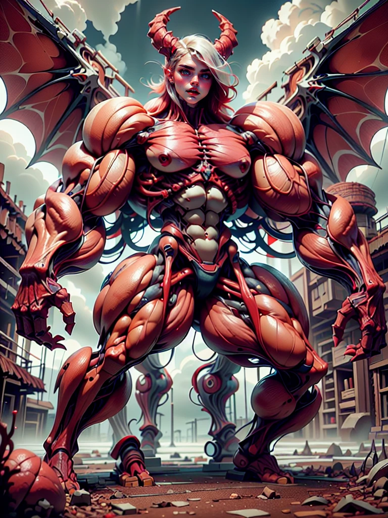 Character description: (1 girl), (cara delevingne:1.25), (beautiful girl face:1.25), (muscular succubus demoness), (carnage skinless physique:1.25), (huge gigantic wings & horns:1.25), (undead skinless succubus:1.25), (covered in red necrotic rotting skinless muscle:1.25), (exposed muscular anatomy:1.25), (large demonic claws:1.25). Character pose: Standing with legs closed, Arms spread apart, Wings spread out, (Whole body pose), Front View. Character expression: psychotic laughter, sharp teeth, beautiful cute girl face, red eyes, scary and horrific. Scene description: anatomic tech world morph, hellish landscape, Hellraiser like atmosphere. Scene Quality: (8k, RAW photo, photorealistic:1.25).