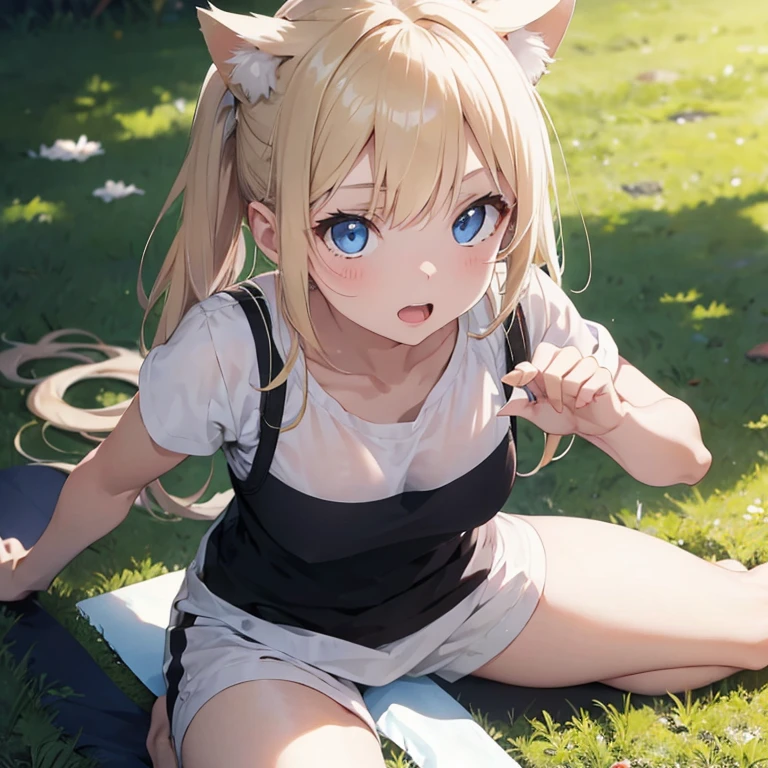 best quality, masterpiece, ultra-detailed, 1girl, full body, an extremely delicate and beautiful girl, sunlight, wallpaper, artbook, in a meadow, sun, bishoujo, 1 girl, gyaru, student, big breasts, tank top, bike shorts, bent over --auto --s2