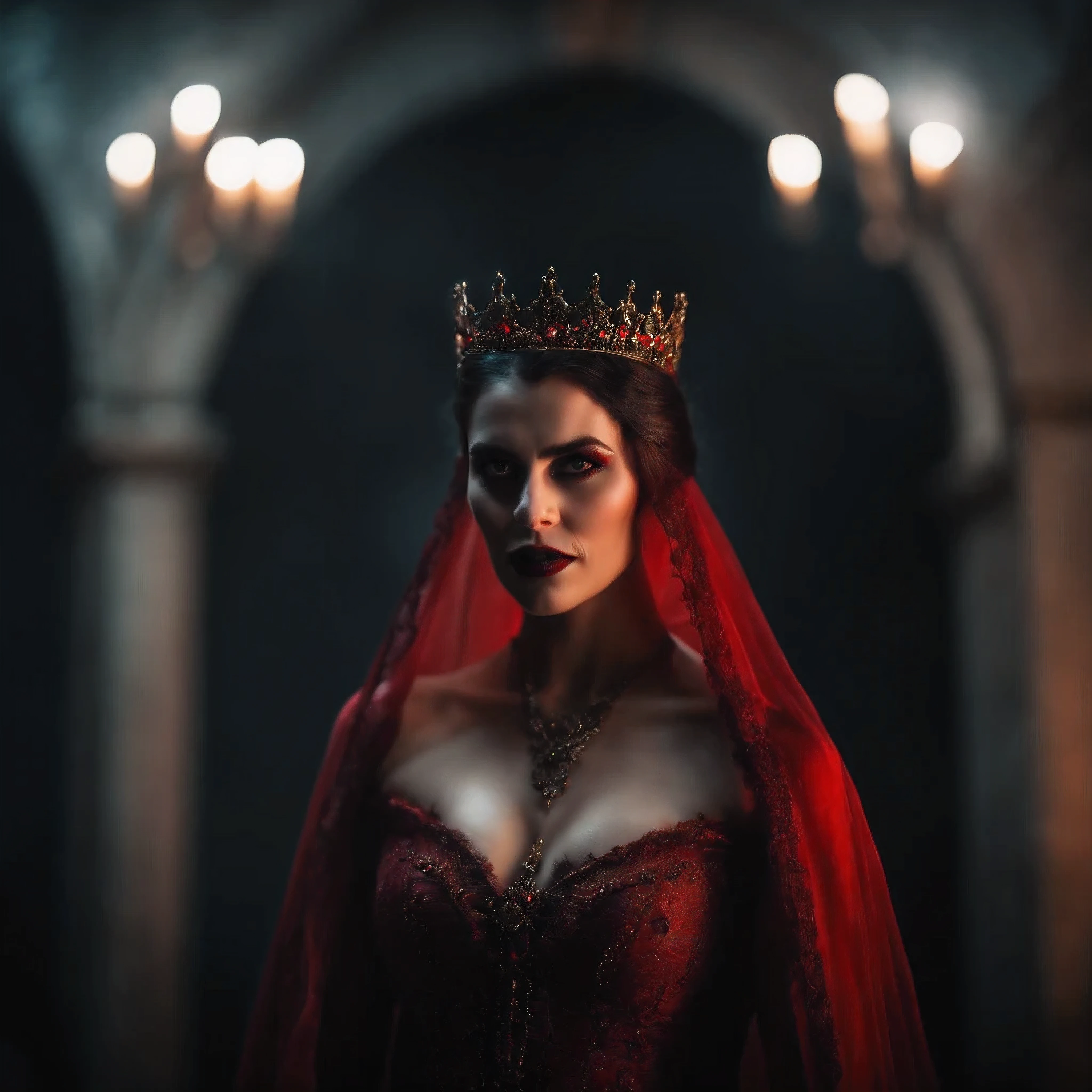 Vampire Queen with red Eyes and big fangs.