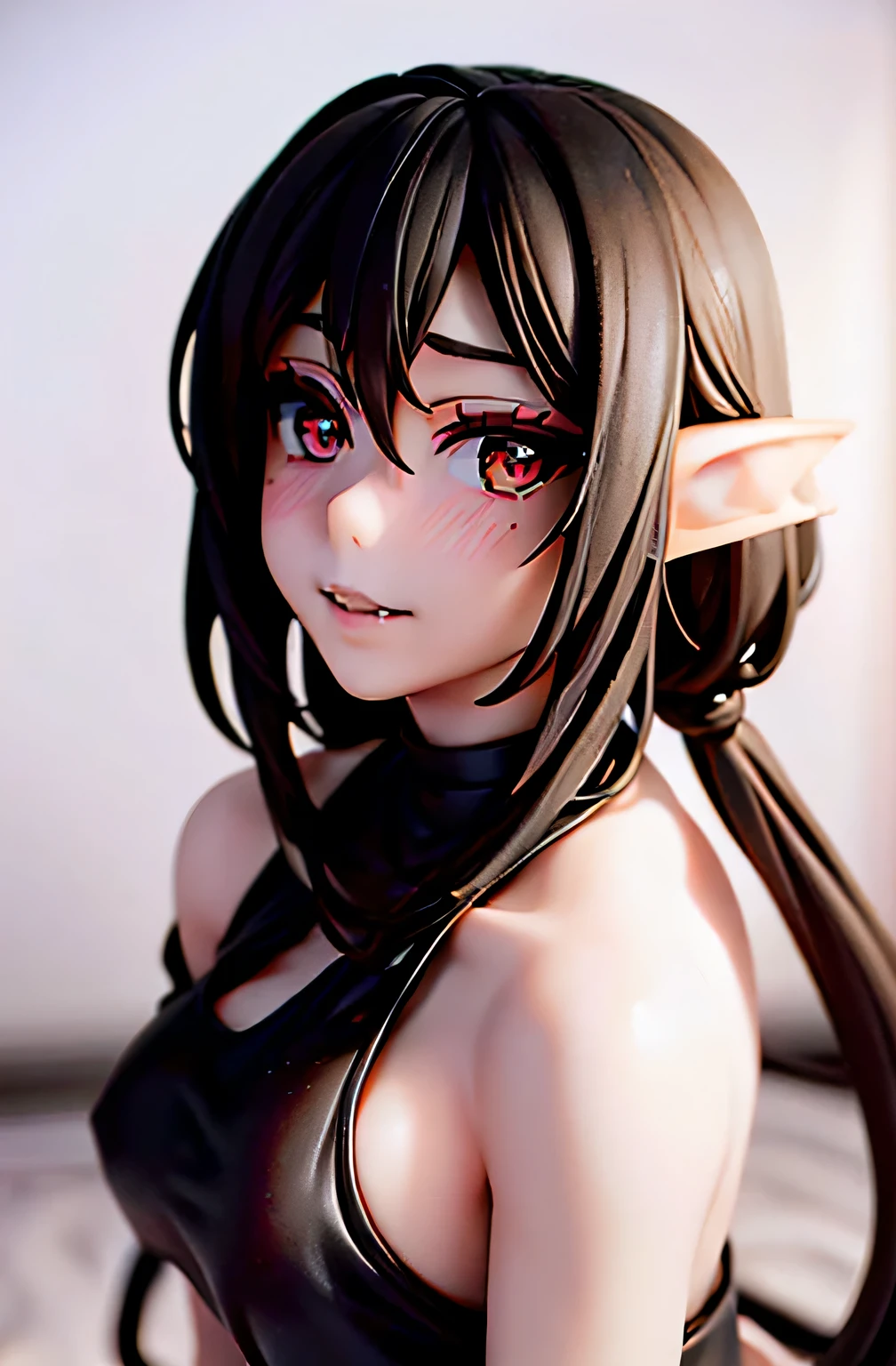 8k, masterpiece, highest quality, best quality, official art, beautiful and aesthetic, extremely detailed, (fractal art: 1.3), colorful, highest detailed, perfect face, upper body, HDR, sexy, wide hips, thicc figure, Detailed face, Detailed eyes, red eyes, perfect face, perfect eyes, ( 1elf, 1 female elf, 1girl, trans, futa, futanari, big ass, slim waist, pretty face, long white hair, sharp jawline, he is sexy, she is beautiful, she has black eyeliner, he has makeup, she has a girly face, she is tanned, she has big , she is blushing, she wears blush, hips wider than shoulders, slim torso, black lipstic, e-girl makeup, blushing, pretty, sharp jawline, red eyes, cute, thigh high socks, goth clothes, black skirt, black crop top, black lipstick, black eyeliner, cute smile, Goth, goth priestess, RAVEN, goth makeup, goth clothes, white hair, wolf cut, bulge, bulge in underwear, genitalia outline, penis bulge, bug julge in pants