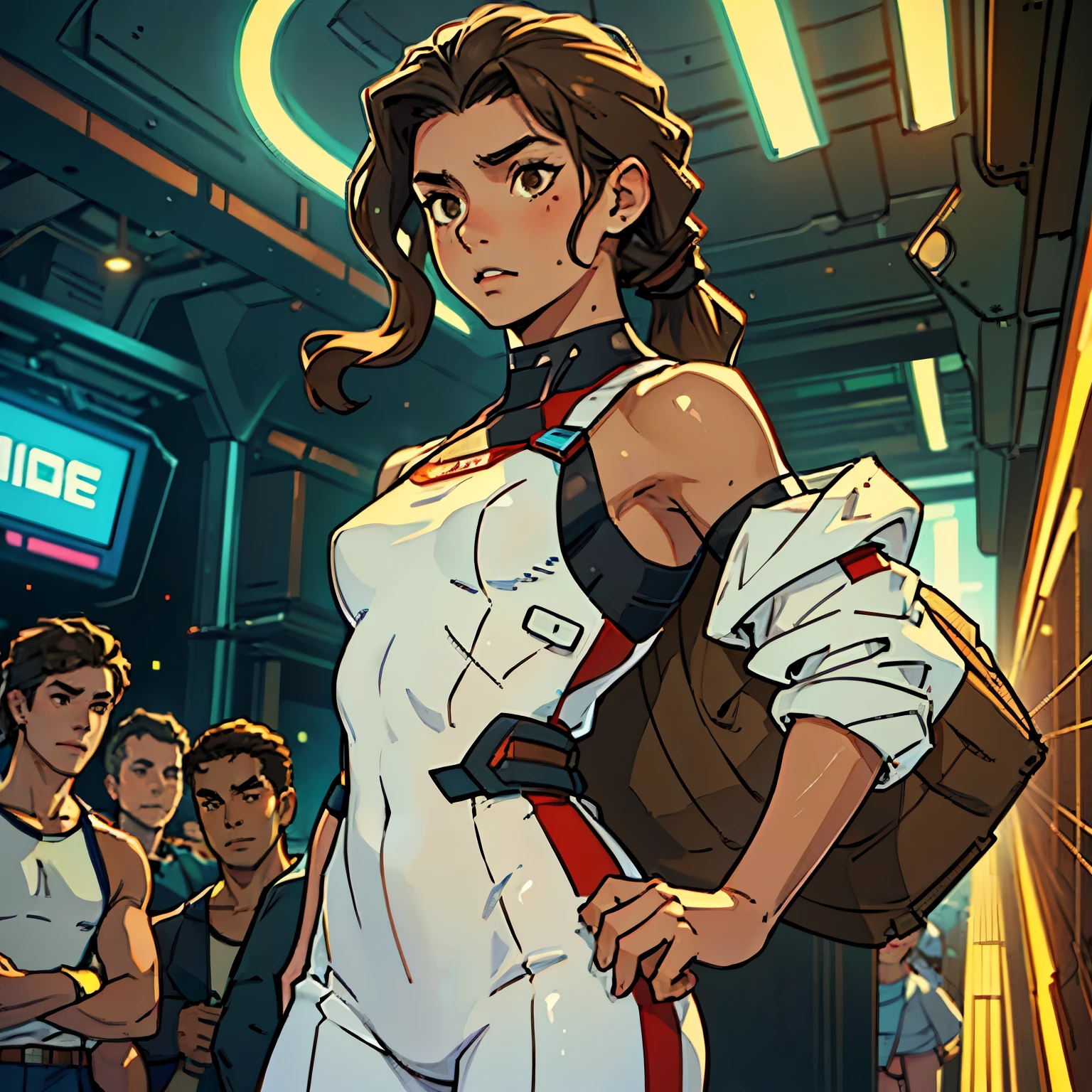 (Caucasian ager), 18 years old, brown eyes, (wavy brown hair), (hair tied back), medium hair, small breasts. She wears a white sci-fi suit, bare shoulders, solo, In the middle of a nightclub with several people