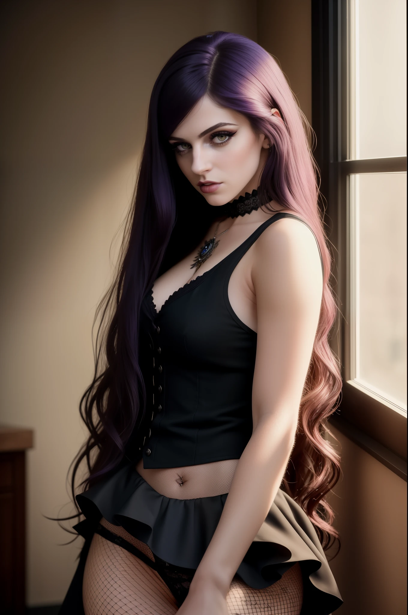 (masterpiece), cinematic film still, model shoot style, (full body shot) of beautiful woman, (very long hair), purple hair, (perfect face), (detailed facial features), (makeup), seductive look, (emo, e-girl, goth), (amazing body), (detailed skin), (skin pores), (wearing tank-top and skirt and fishnets), indoors, looking at viewer, (detailed background), shallow depth of field, (detailed), photographed on a Kodak box camera,backlighting, vignetting, Social realism, Gothic art, Realism, Hyperrealism, retina, 1080P, 16k, UHD, ccurate, masterpiece, anatomically correct, textured skin, super detail, high details, high quality, award winning, best quality, highres, 16k