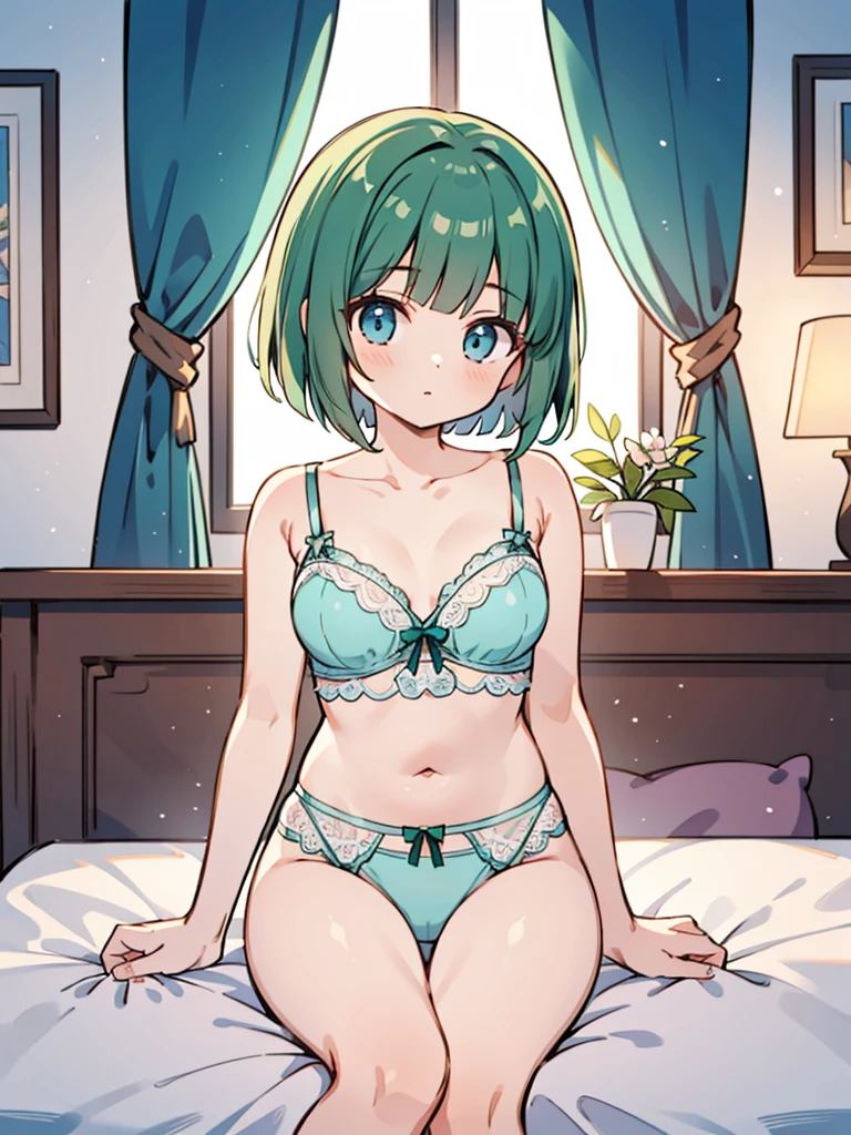 masterpiece, beautiful illustrations, highest quality, pretty girl, 1girl, Bedroom, pastel colour, (two-separated lingerie), cute lingerie, (Spring Green bob cut), bright lighting, sky-blue eyes, presenting, looking at viewer, on bed