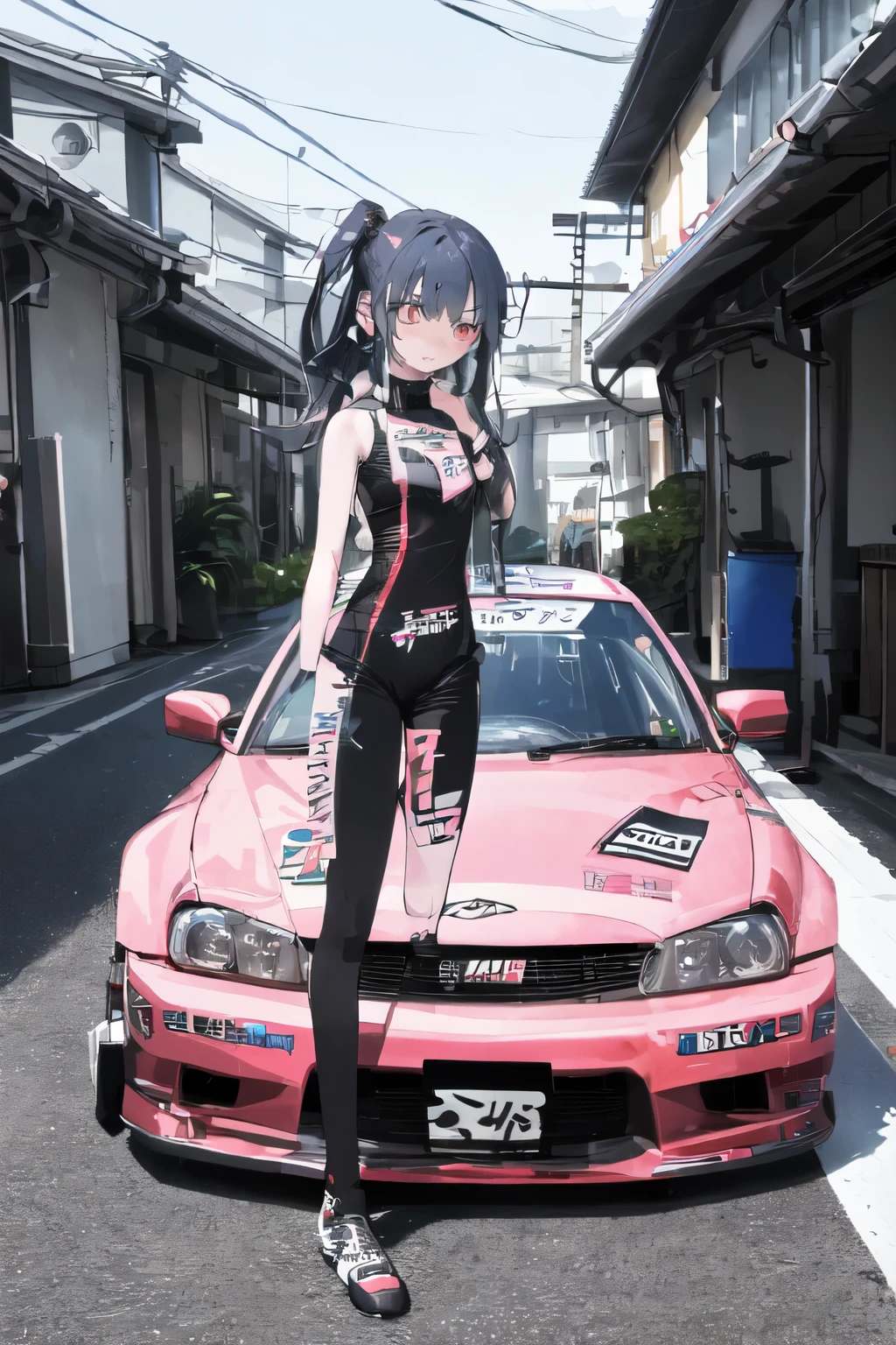 Drift tuning car with beautiful girl next to it on the street in Japan