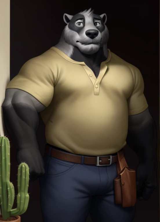 nicolas crol, solo, bara, rechoncho, gordo, pelaje negro, (pose:1.3), (posando:1.3), (sombreado suave), 4k, nada, ((detallado face, (detallado eyes:1.0), detallado)), (cuerpo completo), por zackarry911, por zaush, (by personalami:0.5), mirando al espectador, camisa, 1 chico, enfoque masculino, tiro de vaquero, belt, pantalones, denim, Bulto, vaqueros, sonrisa, Desierto, cactus