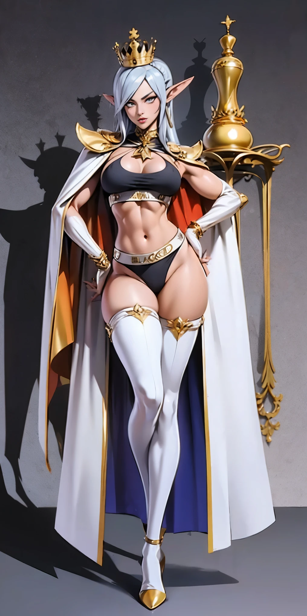 extremely long hair , ponytail, perfect anatomy 1 girl tall solo, slim thick, ((muscular)) high elf toned body, silver breast plate, blue cape, slendered abs, hourglass waist, detailed face, defined cheekbones, puffy lips, gauntlets, gold crown, shadow over eyes, looking at viewer, masterpiece, white thigh highs lingerie, high heels