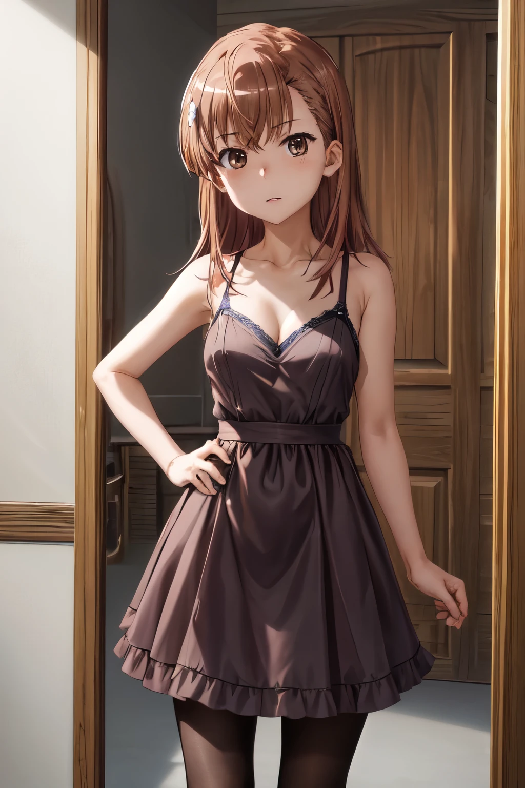 masterpiece, best quality, highres, 1girl, standing, hand on hip, misaka mikoto tokiwadai 8k, RAW photo, Fujifilm, style photo Olivia Rodrigo, ************, long hair: 1.3, dark circles under her eyes, casual dress, tiny, small cleavage, nipples, pantyhose, light skin, sitting