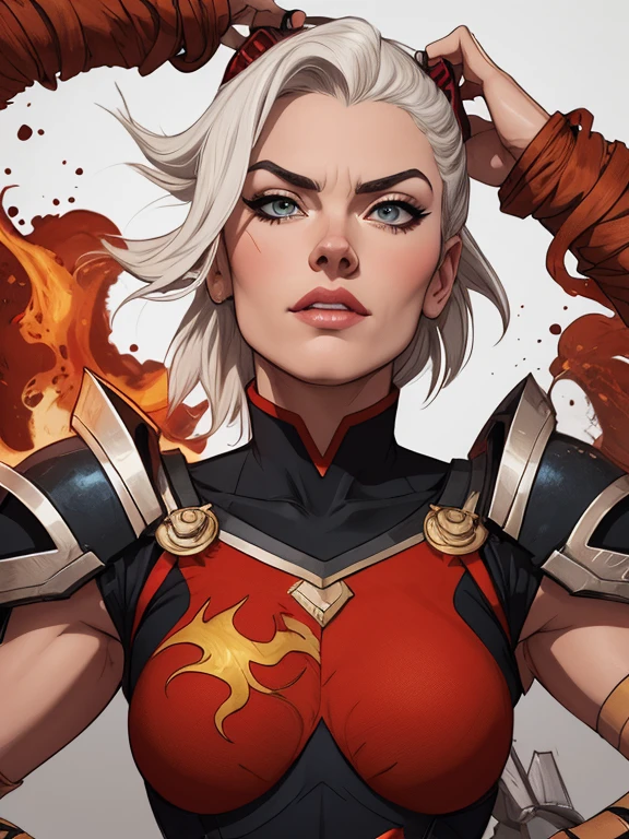 Personagem Yvonne Strahovski omagem de desenho animado de uma mulher .cartoon style illustration, estilo de arte dos desenhos animados, estilo de arte dos desenhos animados, digital illustration style, design de personagens altamente detalhado, arte digital detalhada fofa, City fan art, Design de personagens de retrato, beautiful digital illustration, retrato de alta qualidade, Arte em quadrinhos, mulher jovem. expression of sexual desire white background. Azula tem longos cabelos negros azulados, que caem em cascata sobre seus ombros. Seus olhos dourados brilham com intensidade, conveying his determination and cunning. His pale skin contrasts with the vibrant tone of his Fire Nation war gear.. Ela usa uma armadura vermelha e dourada ricamente decorada, with detailed flame patterns and shiny metallic ornaments. The armor is adjusted to the body, highlighting her agility and grace as she moves.