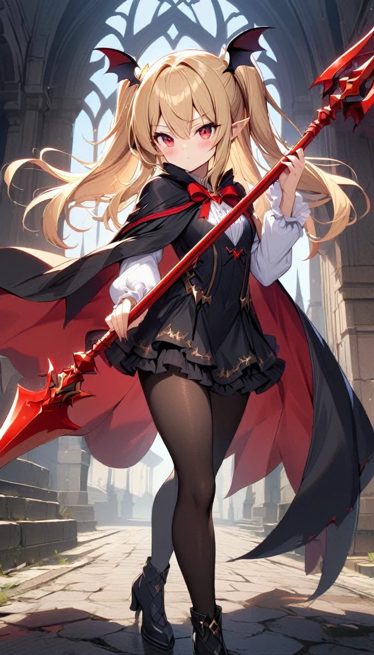 1girl, solo, blonde-hair, red-eyes, pointy-ears, looking-at-viewer, long-hair, pantyhose, vampire, holding, dress, two-side-up, black-pantyhose, hair-ornament, holding-weapon, weapon, black-dress, cape, bat-hair-ornament, standing, long-sleeves, blush, thick thighs, frills, holding-Spear , black-cape, closed-mouth, short-dress, floating-hair, ((Spear))