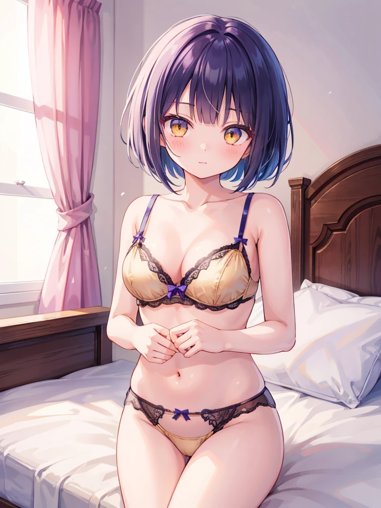 masterpiece, beautiful illustrations, highest quality, pretty girl, 1girl, Bedroom, pastel colour, (two-separated lingerie), cute lingerie, (deep violet bob cut), bright lighting, golden eyes, presenting, looking at viewer, on bed