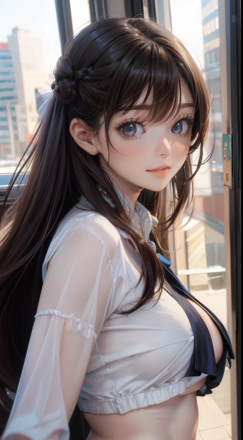((highest quality, 8K, masterpiece: 1.3)), 1 girl, The beauty of slim abs: 1.3, (hairstyle casual, big breasts leaking: 1.2), dress: 1.1, super fine face, delicate eyes, double eyelid, smile, Home、Two-dimensional beautiful girl、black hair、long hair、bangs、smile、the most beautiful in the world、I