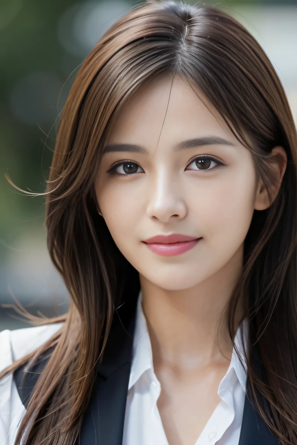 table top, highest quality, realistic, Super detailed, finely, High resolution, 8k wallpaper, 1 beautiful woman,, light brown messy hair, wearing a business suit, sharp focus, perfect dynamic composition, finely beautiful eyes, thin hair, Detailed and realistic skin texture, smile, close-up portrait, model body shape
