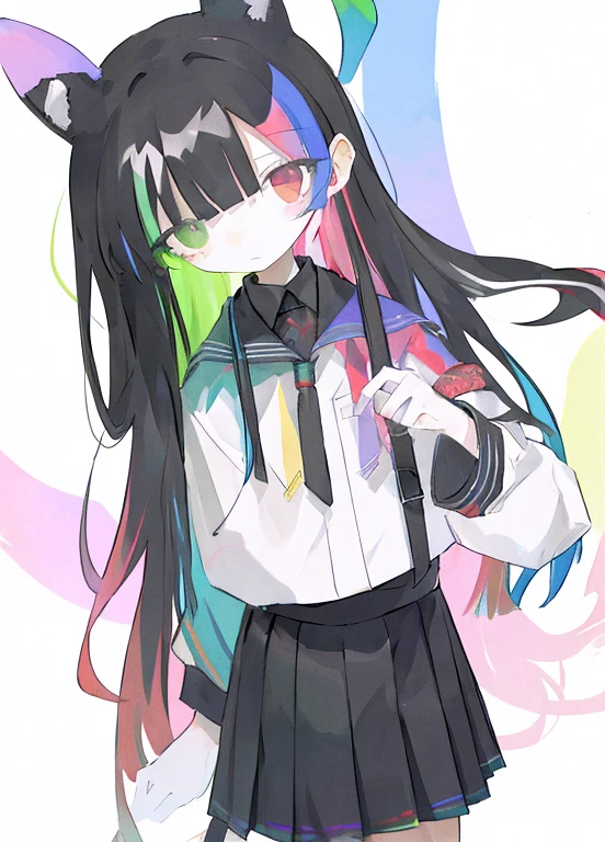 one with multicolored black hair and rainbow standing with her hands at her side, high resolution, ventoso, Blank expression, esperando