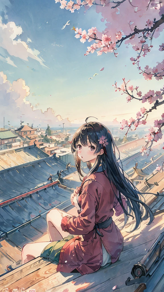 highest quality, masterpiece, very detailed, detailed background, anime, girl1名, 若いgirl, girl, SF, cherry blossoms, outdoor, morning, greenhouse, giant structure, Wind景, scenery, horizon, rooftop, sitting on rooftop, Wind, avert your eyes, atmosphere lighting, focus only, close, From the side, written boundary depth,