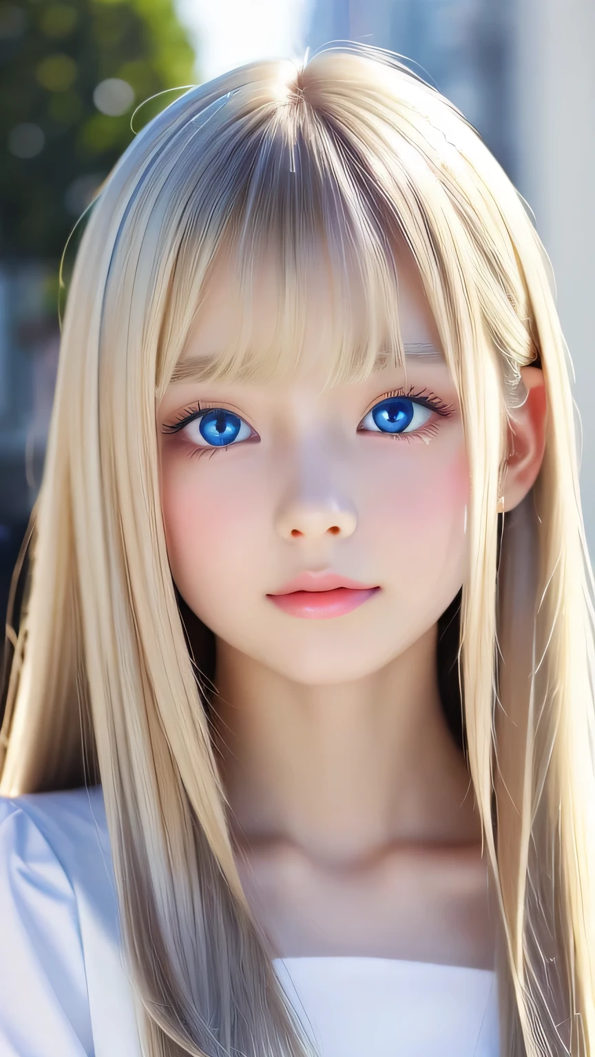 perfect beautiful face、20 year old beautiful cute girl、Sexy and very beautiful cute face、beautiful cute sexy sky blue eyes、very super long beautiful shiny silky straight pearl blonde hair、Super long beautiful bangs、white skin、Shiny skin、gross face、cheek gloss、hair above eyes、片hair above eyes、hair between eyes、