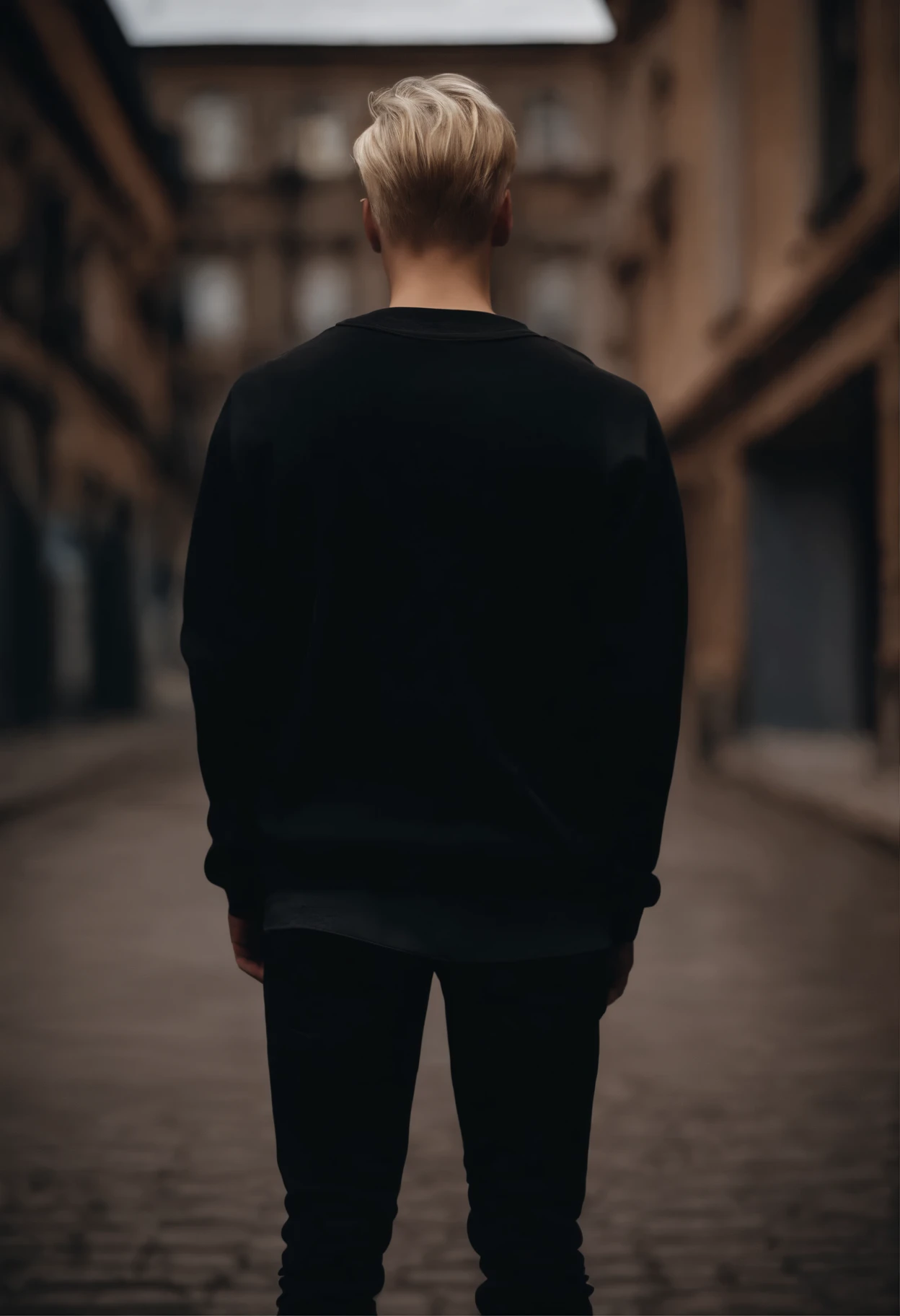 male, man, 18 year old, black sweatshirt, back view, with very short blond hair, wide pants