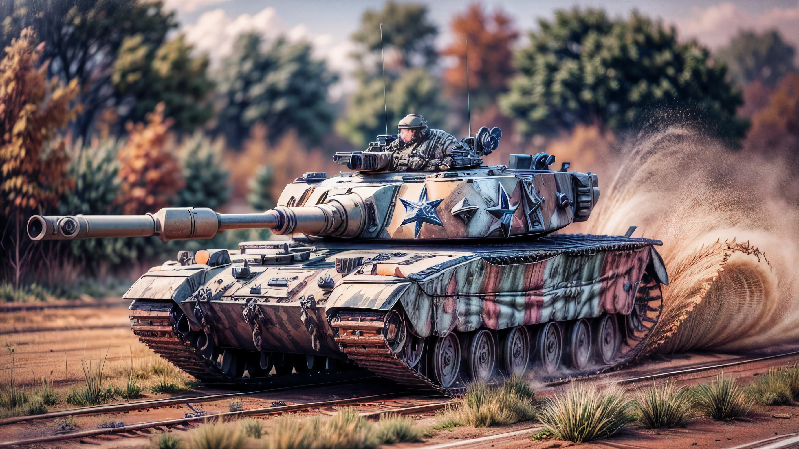 (masterpiece,best quality,ultra-detailed), award winning, ccurate, UHD, Fujicolor, Verism, main battle tank, Leopard 2A7, moving on the field in city, HDR Ultra realistic macro camera