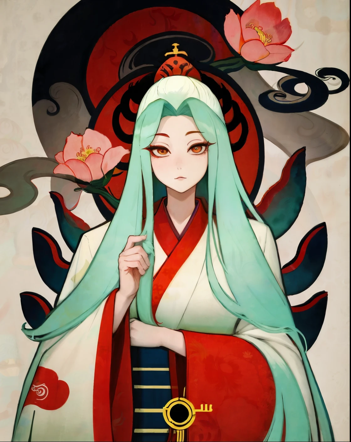 a painting of a woman with long hair and a flower in her hand, korean art nouveau anime, japanese goddess, flowing hair and long robes, anime fantasy illustration, inspired by Sōami, akira from chinese mythology, japanese art style, a beautiful kitsune woman, inspired by Nōami, inspired by Tsukioka Yoshitoshi, autumnal empress