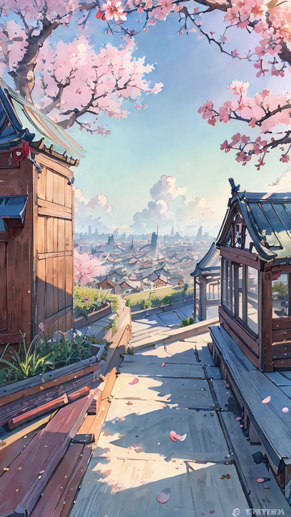 highest quality, masterpiece, very detailed, detailed background, anime, girl1名, 若いgirl, girl, SF, cherry blossoms, outdoor, morning, greenhouse, giant structure, Wind景, scenery, horizon, rooftop, sitting on rooftop, Wind, avert your eyes, atmosphere lighting, focus only, close, From the side, written boundary depth,