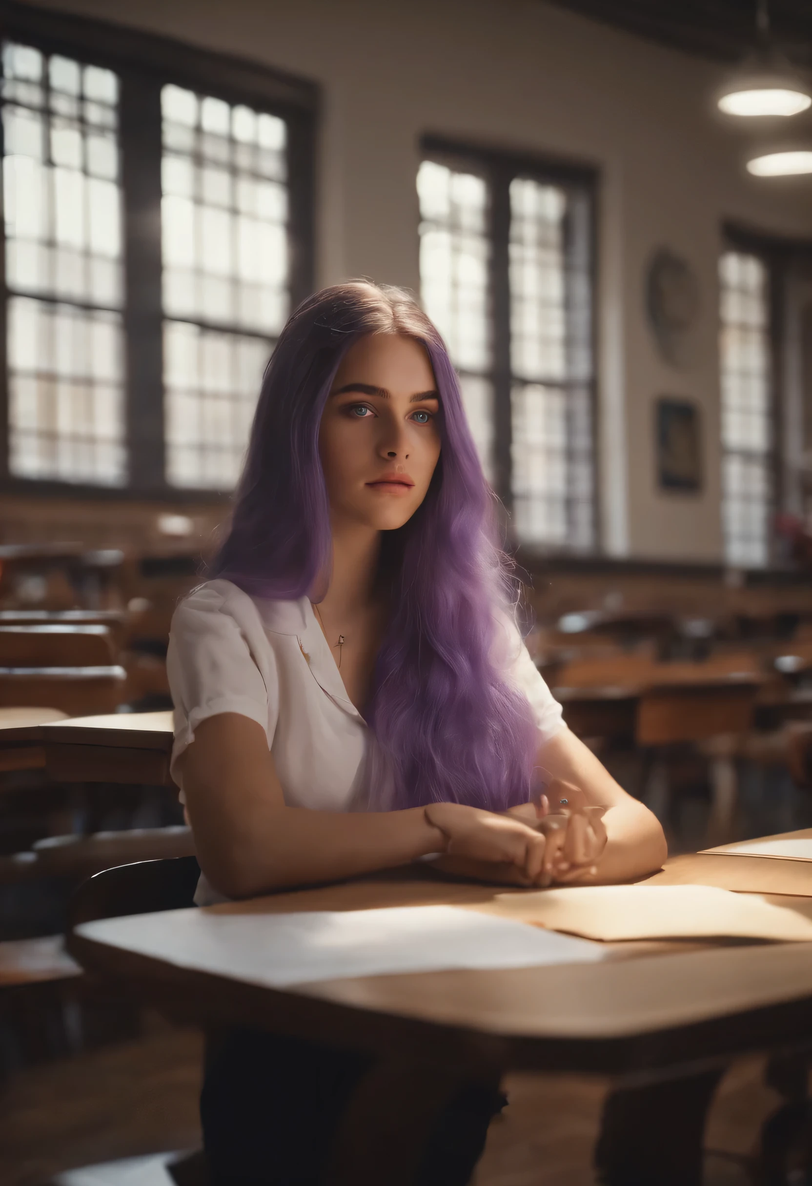 An eighteen-year-old girl with long purple hair in a sailor's suit is sitting in a classroom (escola 1.5 em segundo plano) (expression serious, frio 1.5) (best quality: 1.1) (master part: 1.3) with an unparalleled masterpiece, surreal 8K, Perfect artwork, Super Detalhe, best quality, masterpiece 4K wallpaper aesthetics, master part, Obra premiada, Arte Oficial, Cinematic lighting