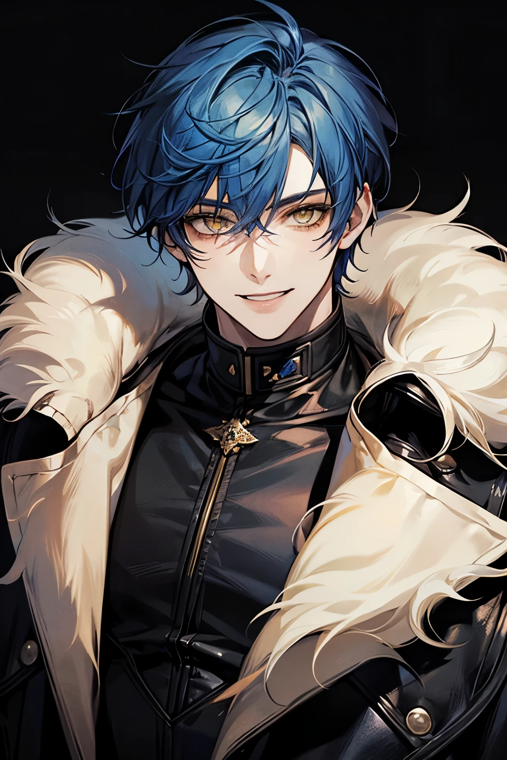 Masterpiece, solo, 1 male, short hair, blue hair, yellow eyes, black leather, fur, smile facial