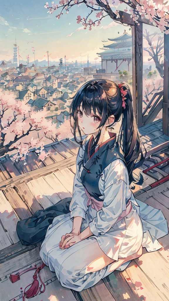 highest quality, masterpiece, very detailed, detailed background, anime, girl1名, 若いgirl, girl, SF, cherry blossoms, outdoor, morning, greenhouse, giant structure, Wind景, scenery, horizon, rooftop, sitting on rooftop, Wind, avert your eyes, atmosphere lighting, focus only, close, From the side, written boundary depth,black hair,tying hair
